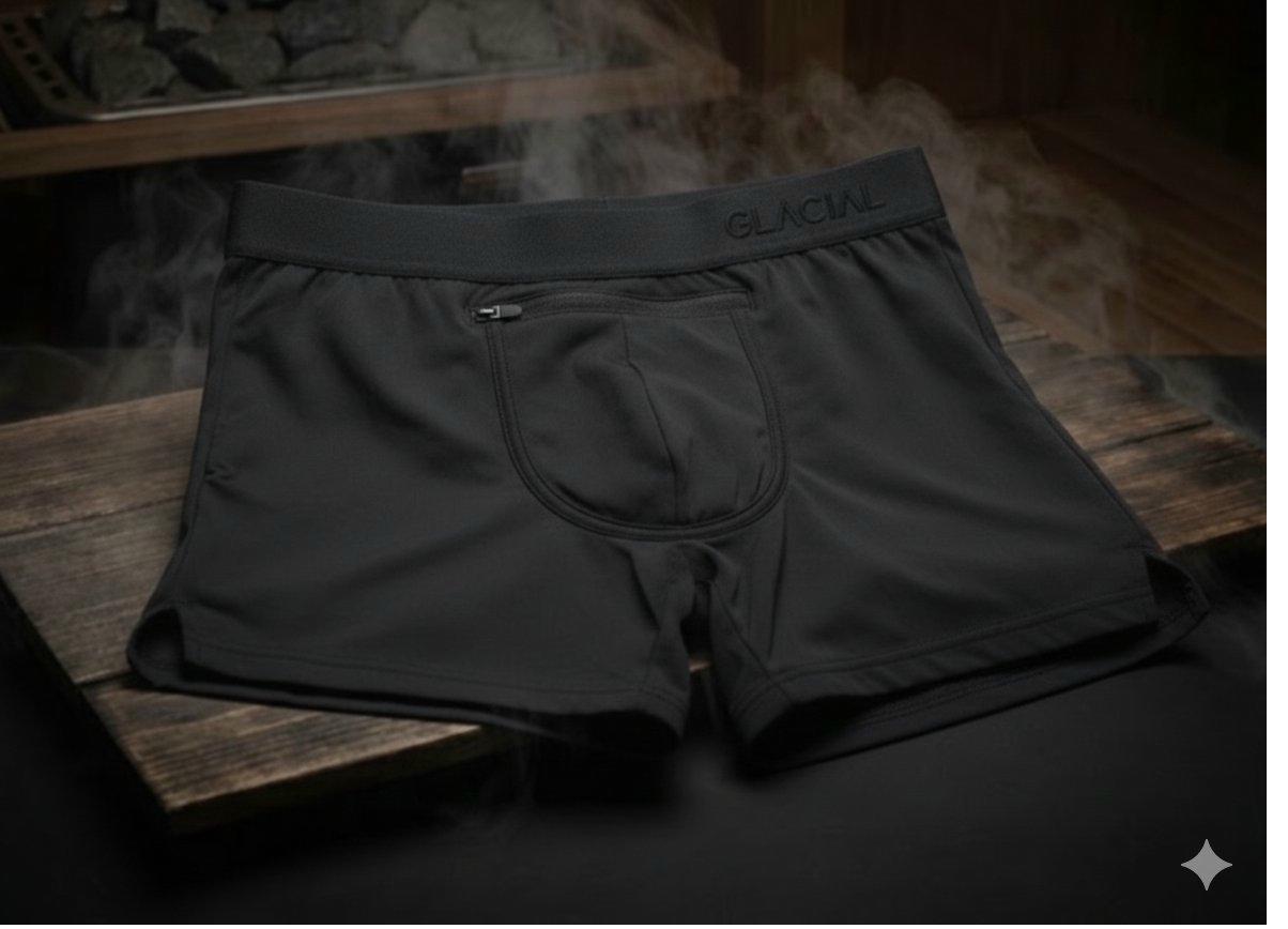Shield — performance shorts in sauna